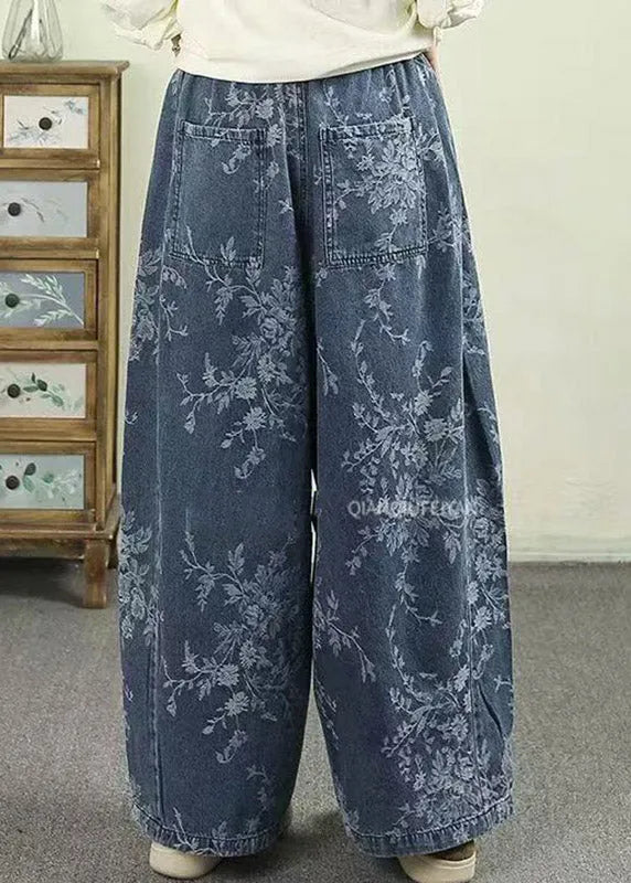 Jacquard Light Blue Pockets Tie Waist Wide Leg Jeans Trousers Spring