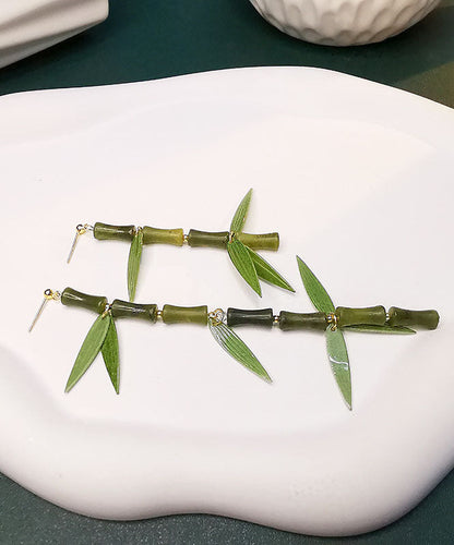 Diy Green Silver Inlaid Gem Stone Bamboo Knot Drop Earrings