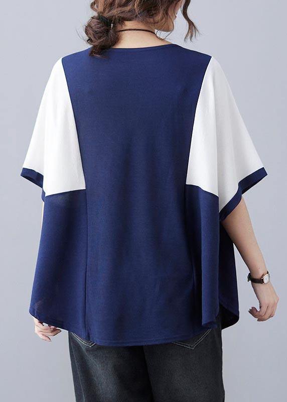 Handmade Blue Patchwork Batwing Sleeve Shirt Top Summer