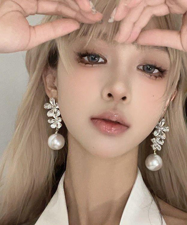 Stylish White Copper Overgild Zircon Pearl Drop Earrings