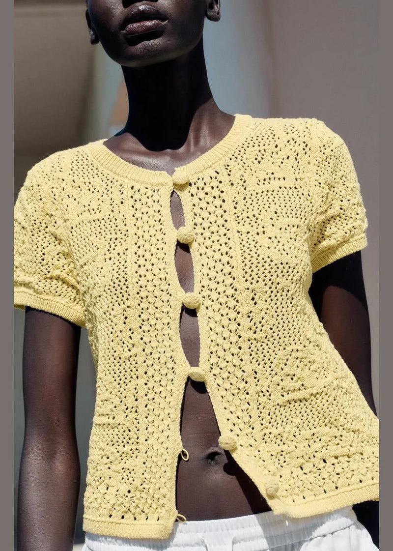 Yellow Button Hollow Out Knit T Shirt Summer