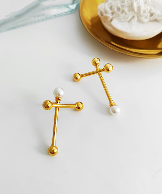 Gold Copper Overgild Asymmtricar Cross Glass Pearl Stud Earrings