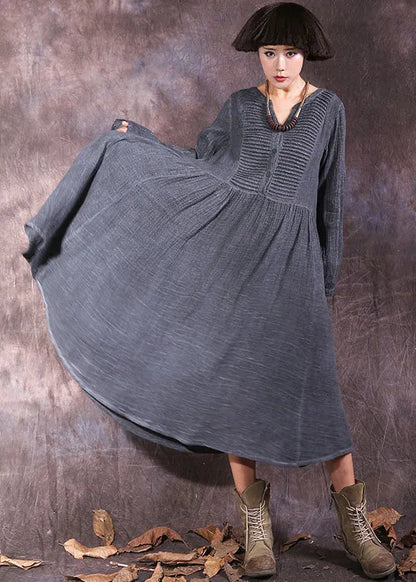 French Grey V Neck Wrinkled Cotton Holiday Dress Spring