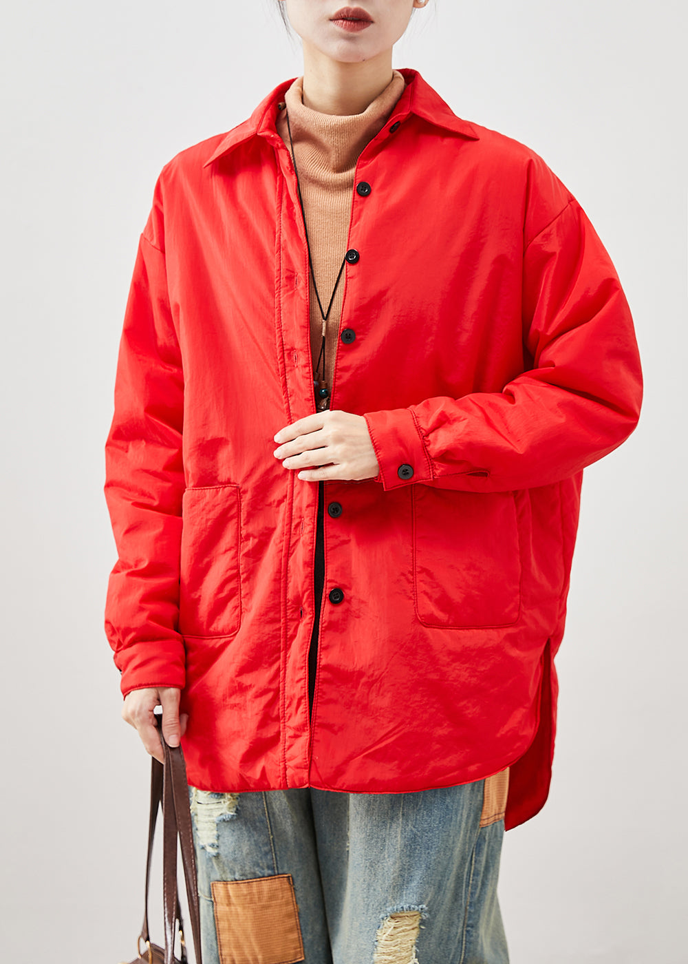 Red Oversized Low High Design Fine Cotton Filled Jacket in Winter