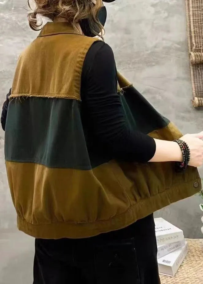 Orange Peter Pan Collar Button Patchwork Cotton Waistcoat Sleeveless