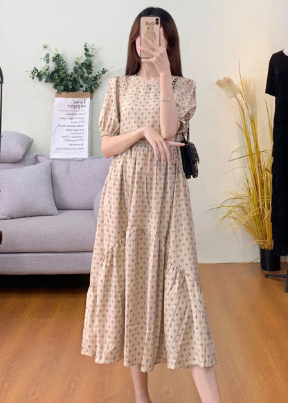 Khaki Puff Sleeve Patchwork Print Cotton Dresses