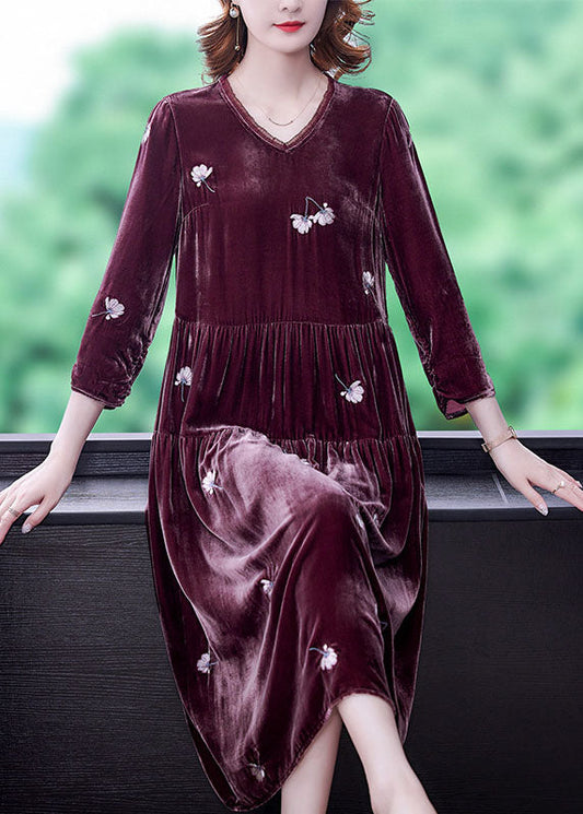Stylish Bean Paste Red V Neck Embroideried Velour Dresses Spring