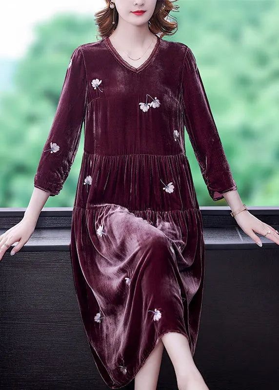 Stylish Bean Paste Red V Neck Embroideried Velour Dresses Spring