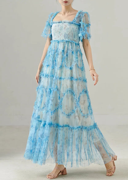 Blue Ruffled Patchwork Tulle Dresses Summer