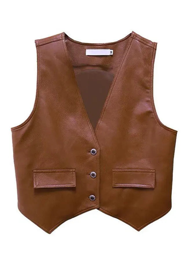Loose Brown V Neck Button Faux Leather Waistcoat Sleeveless