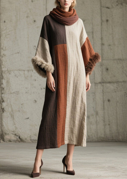 Mixed Color Oversized Patchwork Faux Fur Ankle Dress Flare Sleeve