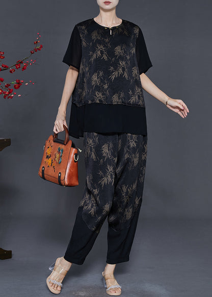 Black Patchwork Silk Two Piece Set Clothing Print Summer