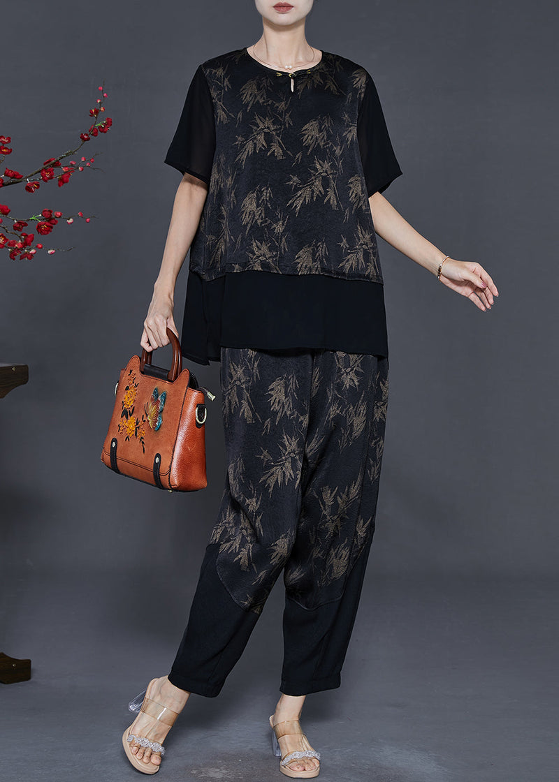 Black Patchwork Silk Two Piece Set Clothing Print Summer