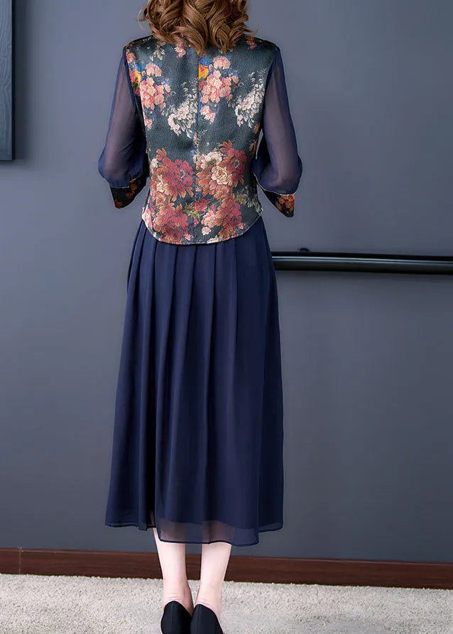 Blue Hollow Out Patchwork Print Silk Tops and Skirts Two Pieces Set Half Sleeve