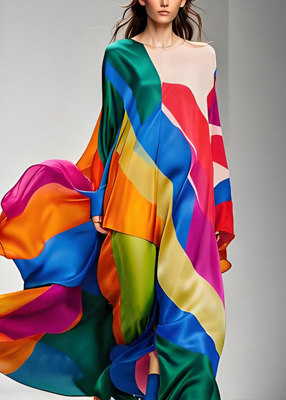 Colorblock Asymmetrical Patchwork Silk Maxi Dresses Long Sleeve