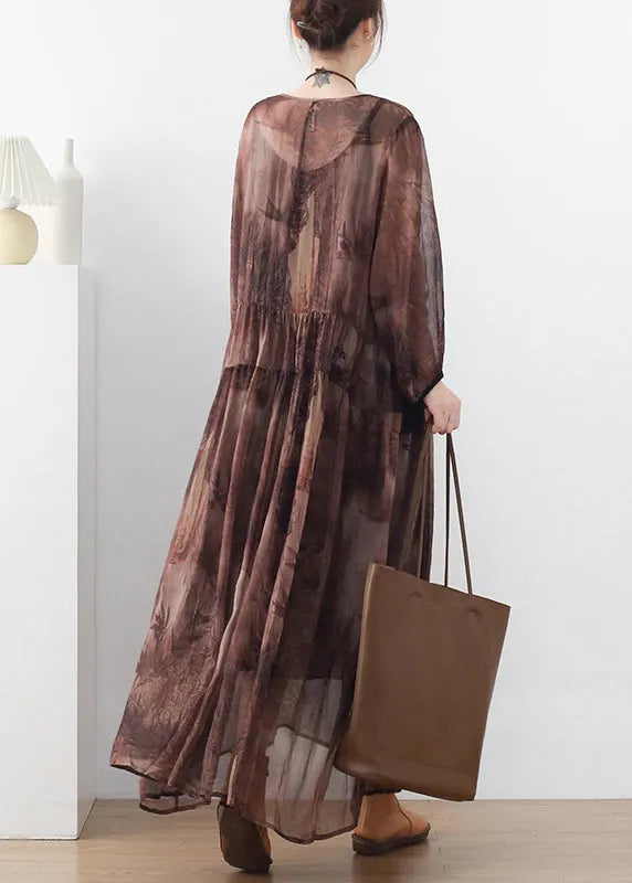Chocolate O-neck Print Chiffon Long Dress and Spaghetti Strap Dress Two Pieces Set Long Sleeve