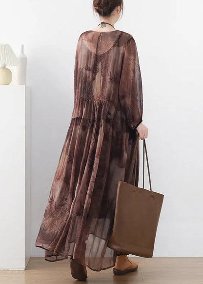 Chocolate O-neck Print Chiffon Long Dress and Spaghetti Strap Dress Two Pieces Set Long Sleeve