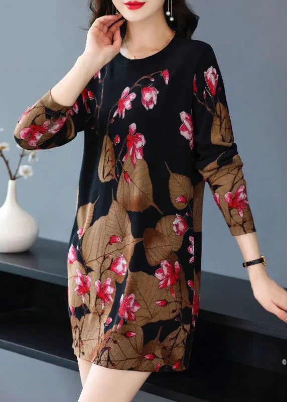 Loose Black O-neck Print Knit Mid Dress Spring