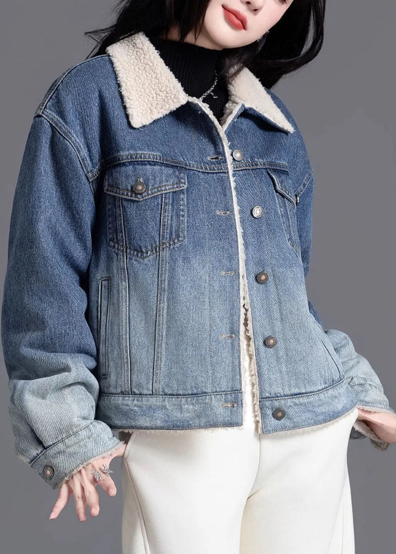 Art Gradient Blue Peter Pan Collar Fleece Wool Lined Denim Coats Winter