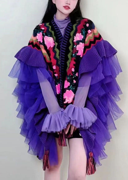 Purple V Neck Tulle Patchwork Embroideried Knit Cape Long Sleeve