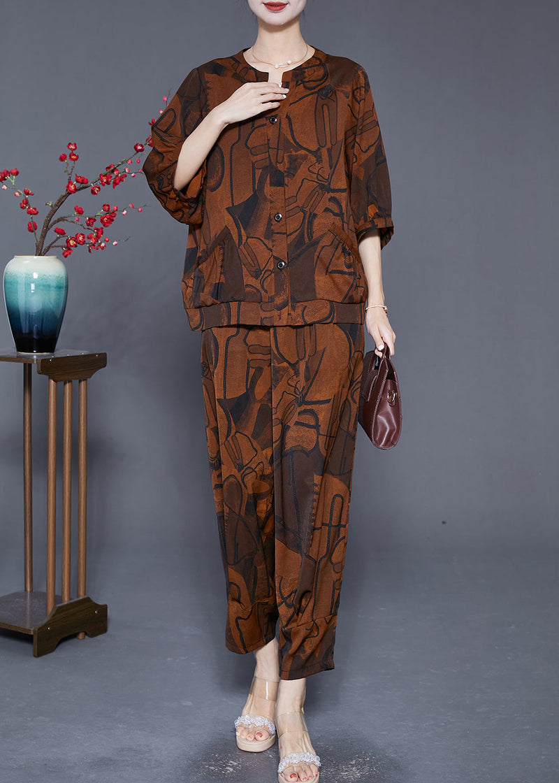 Boutique Coffee Print Pockets Silk Sets 2 Pieces Summer