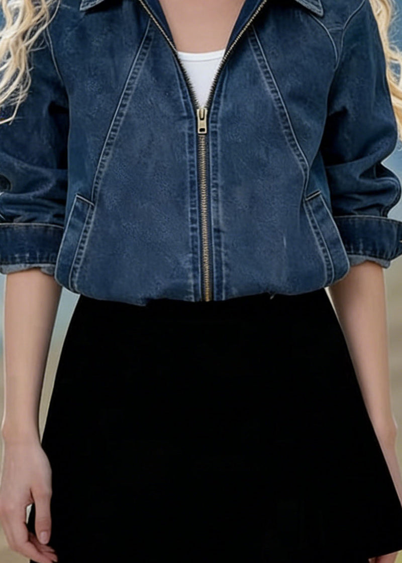 Blue Peter Pan Collar Zippered Denim Jackets Spring