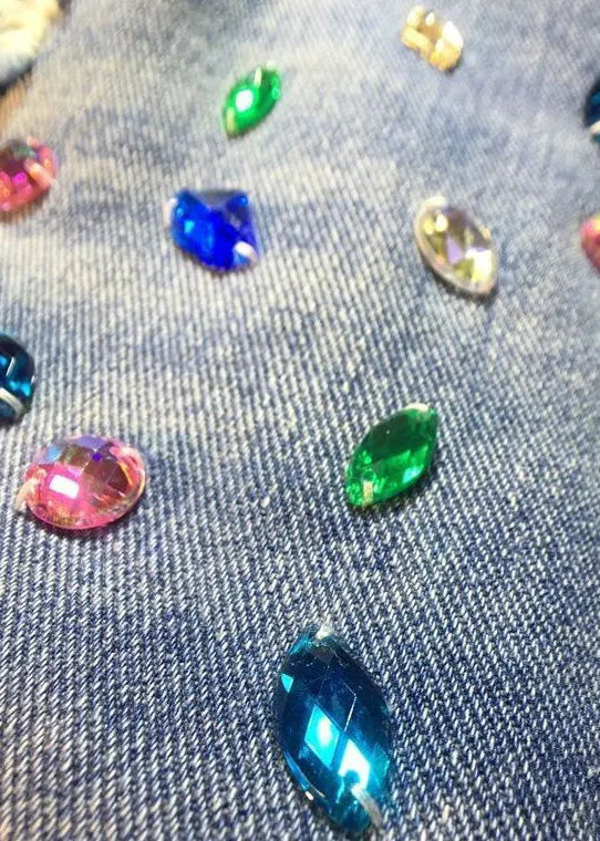 Unique Blue Nail Bead Patchwork High Waist Ripped Shorts Jeans Summer