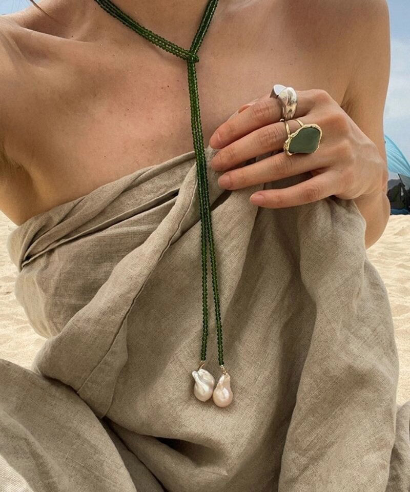 Green Alloy Pearl Beading Pendant Necklace