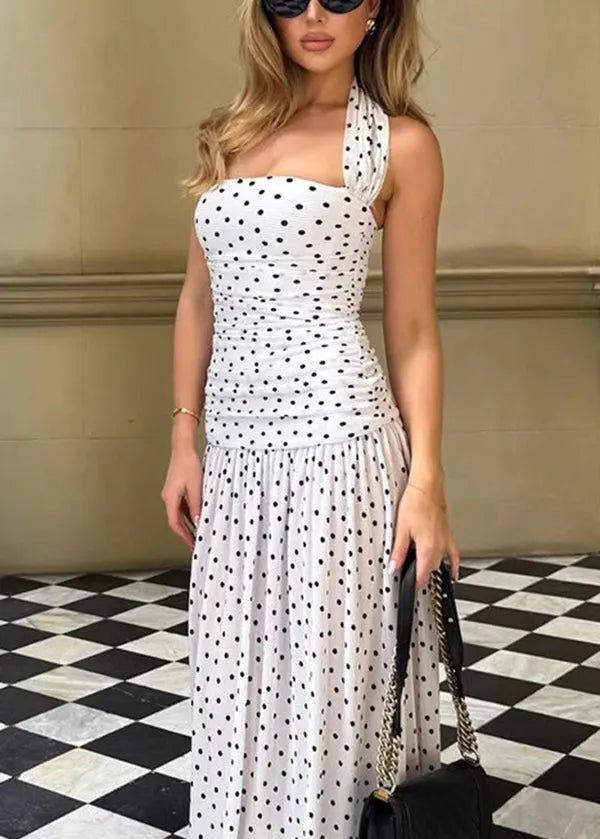 French Dot Print Side Open Halter Chiffon Dresses Summer