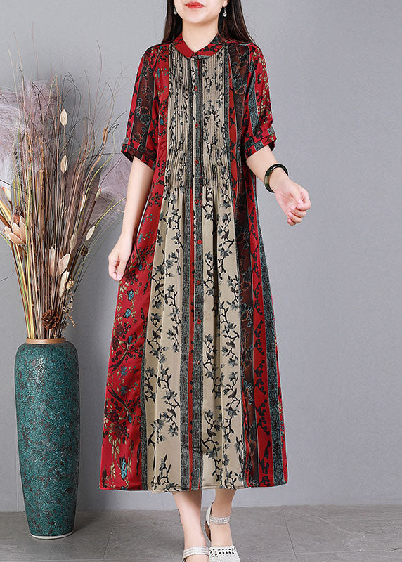Loose Black O-neck Print Patchwork Wrinkled Silk Party Dress Short Sleeve