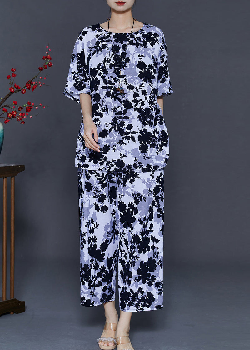 Art White O-neck Leaf Print Cotton Two Pieces Set Summer