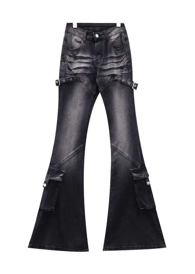 Fine Black Pockets High Waist Patchwork Denim Flared Trousers Fall