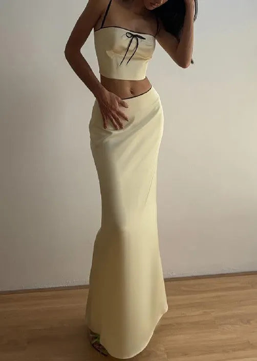 Yellow Bow Spaghetti Strap Tank and Skirts Silk Two Pieces Set Sleeveless