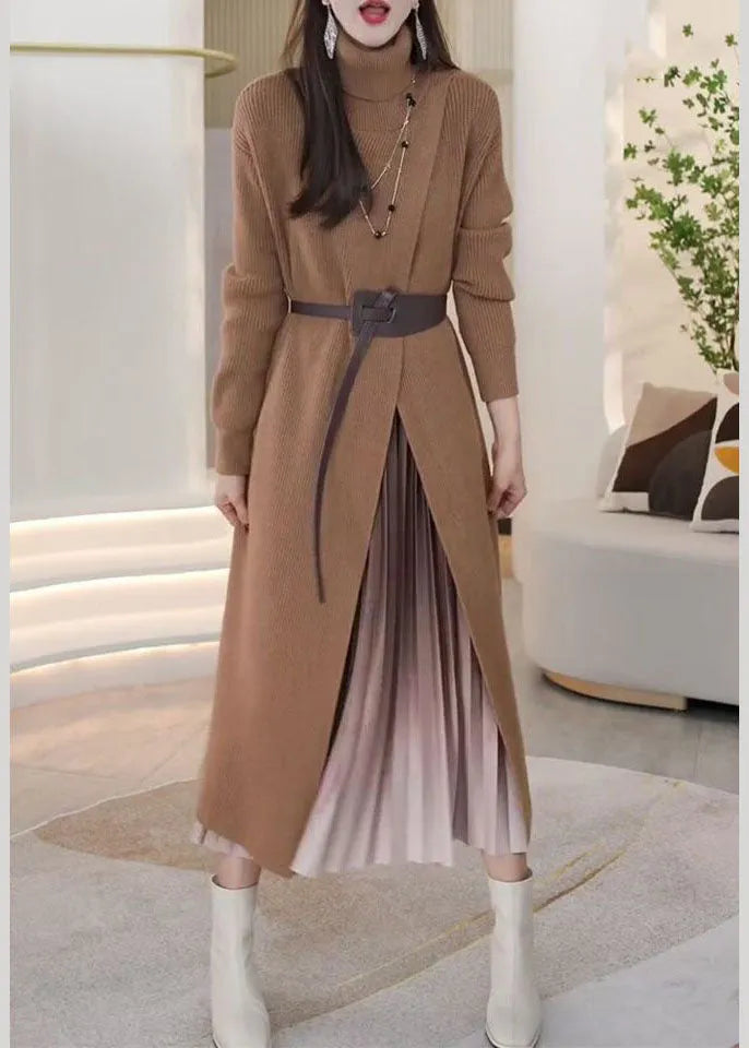 Khaki Hign Neck Patchwork Front Side Open Knit Knit Dress Winter