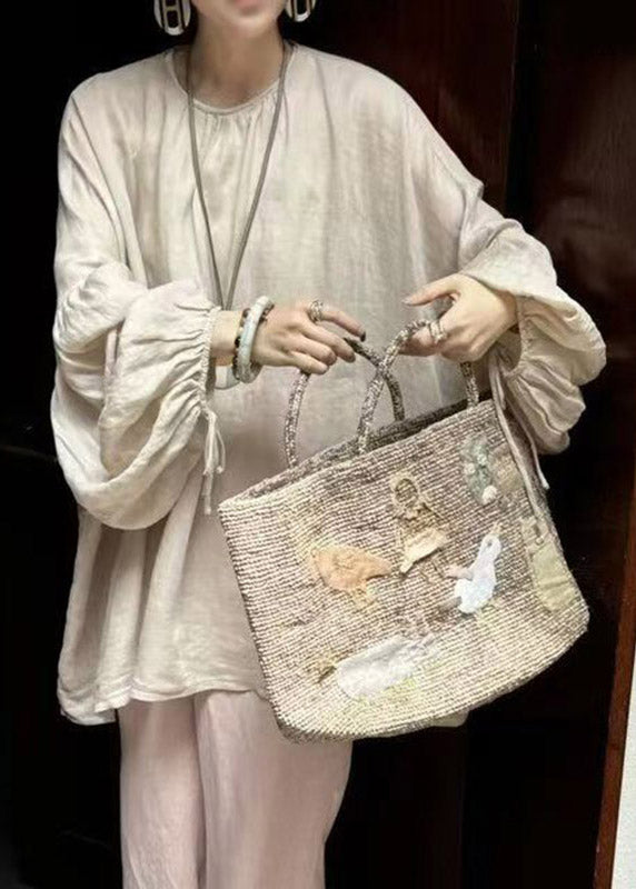 Loose Beige O-neck Top Lantern Sleeve