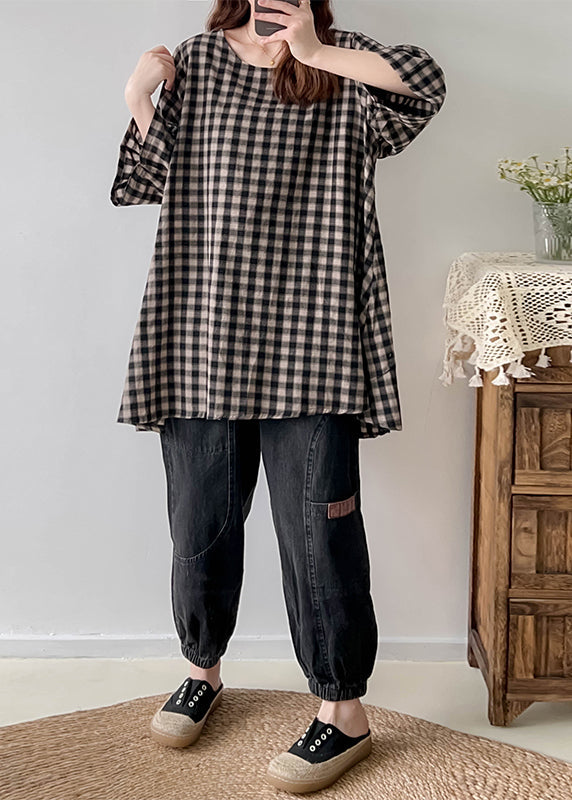 Black White Plaid Oversized Linen Long Tops Half Sleeve