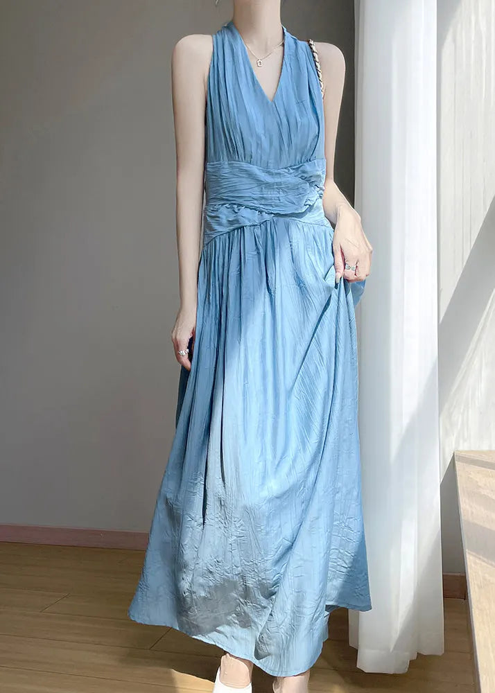 Blue V Neck High Waist Cotton Long Dress Sleeveless