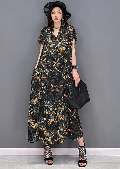 Black V Neck Print Silk Long Dress and Tulle Long Cardigan Two Pieces Set Summer