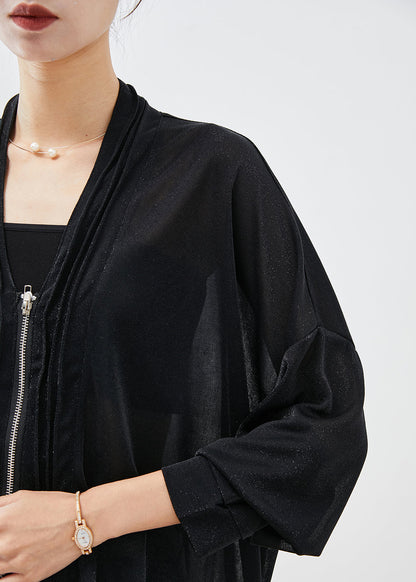 Black V Neck Drawstring Wrinkled Upf 50+ Coat Fall
