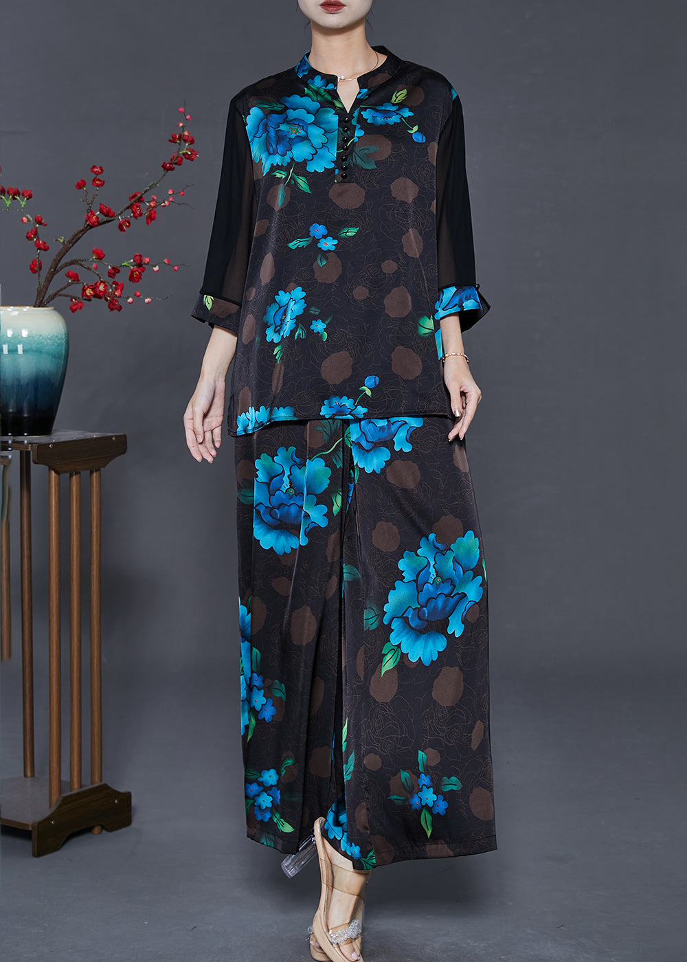 Blue Silk Two Piece Suit Set Oversized Fall