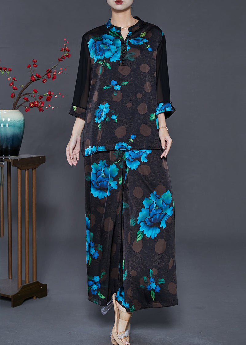 Blue Silk Two Piece Suit Set Oversized Fall
