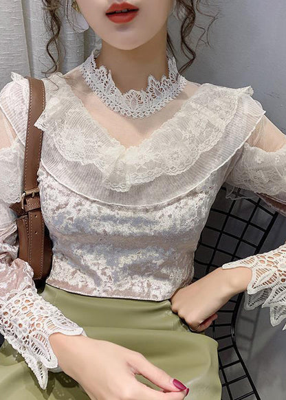 Pink Turtleneck Velour Lace Patchwork Tulle Tops Bottoming Shirt