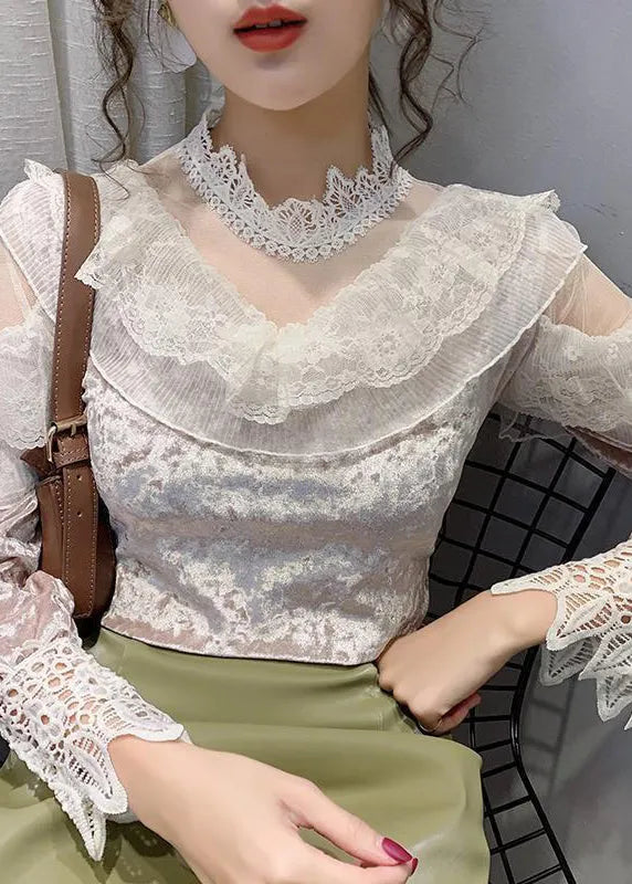 Pink Turtleneck Velour Lace Patchwork Tulle Tops Bottoming Shirt