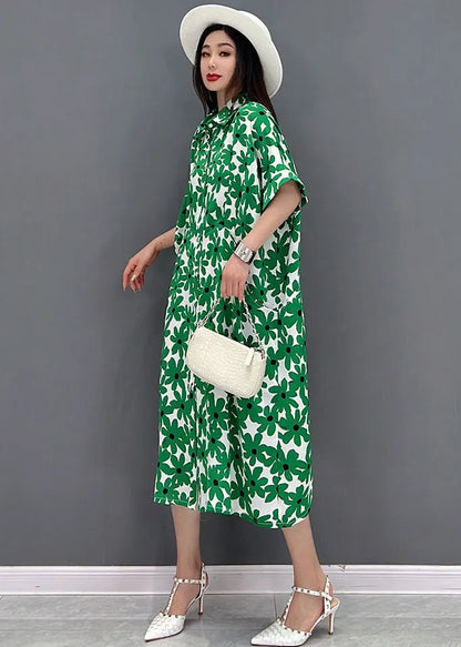 Green Peter Pan Collar Print Shirt Dress Short Sleeve