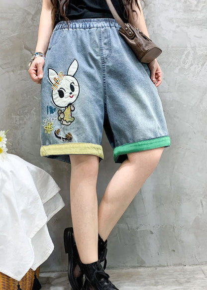 Modern Blue Embroideried Denim Summer Shorts