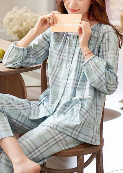 Peter Pan Collar Plaid Bow Cotton Pajamas Two Pieces Set Fall