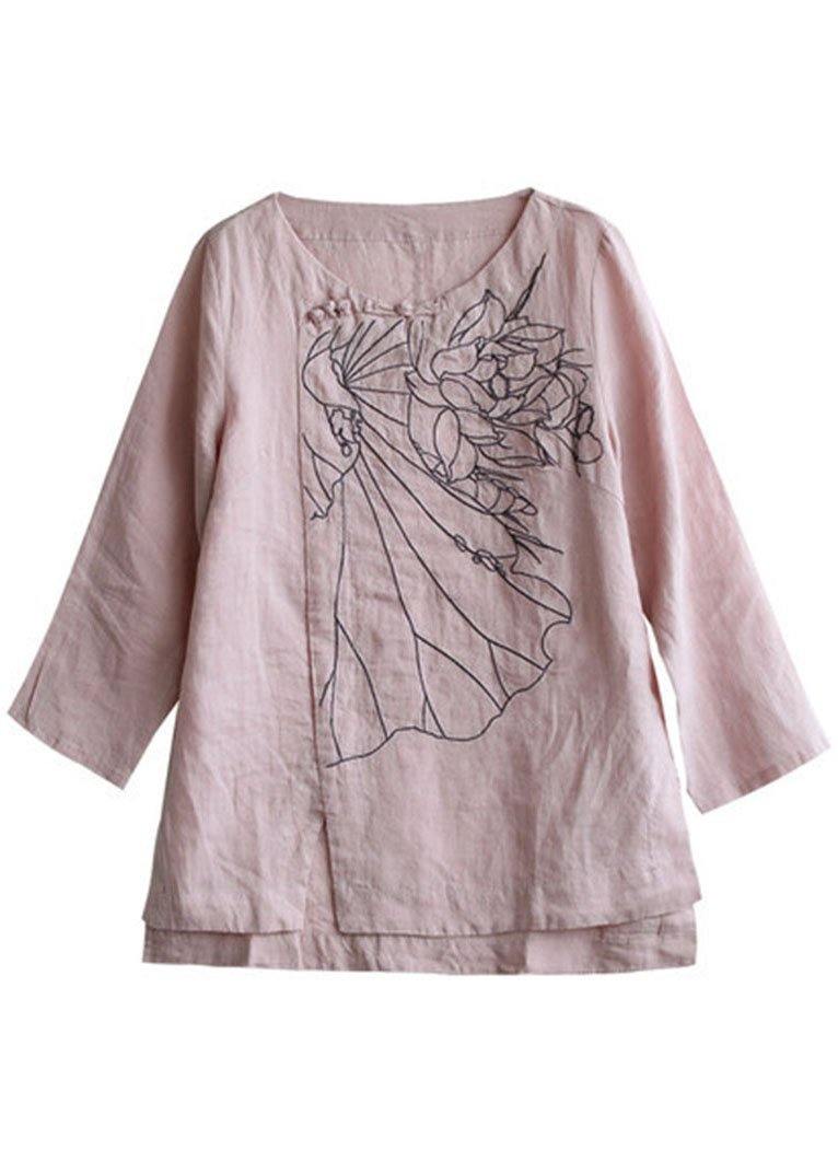 Pink O-neck Button Embroideried Fall Linen Long Sleeve Top