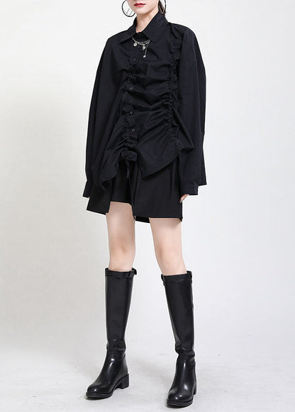 Black Peter Pan Collar Button Asymmetrical Design Drawstring Fall Shirts Long Sleeve