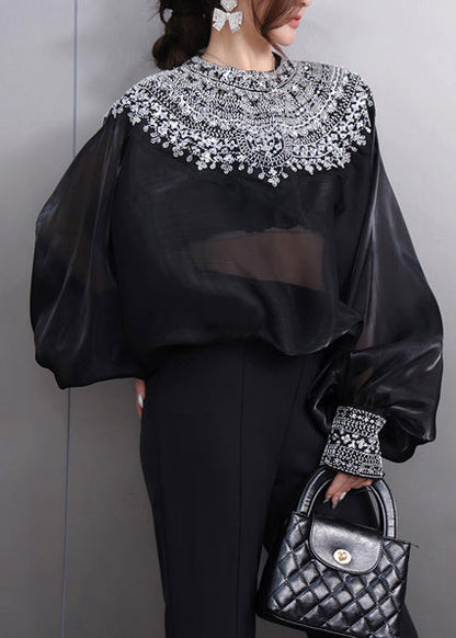 French Black Oversized Ice Silk Shirt Top Batwing Sleeve