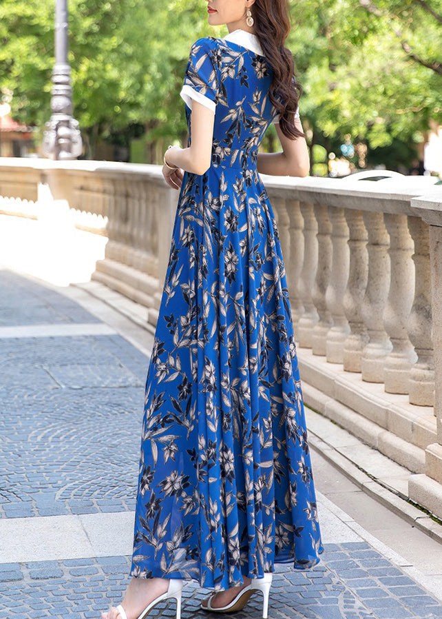 Blue Peter Pan Collar Print Wrinkled Chiffon Long Dress Summer